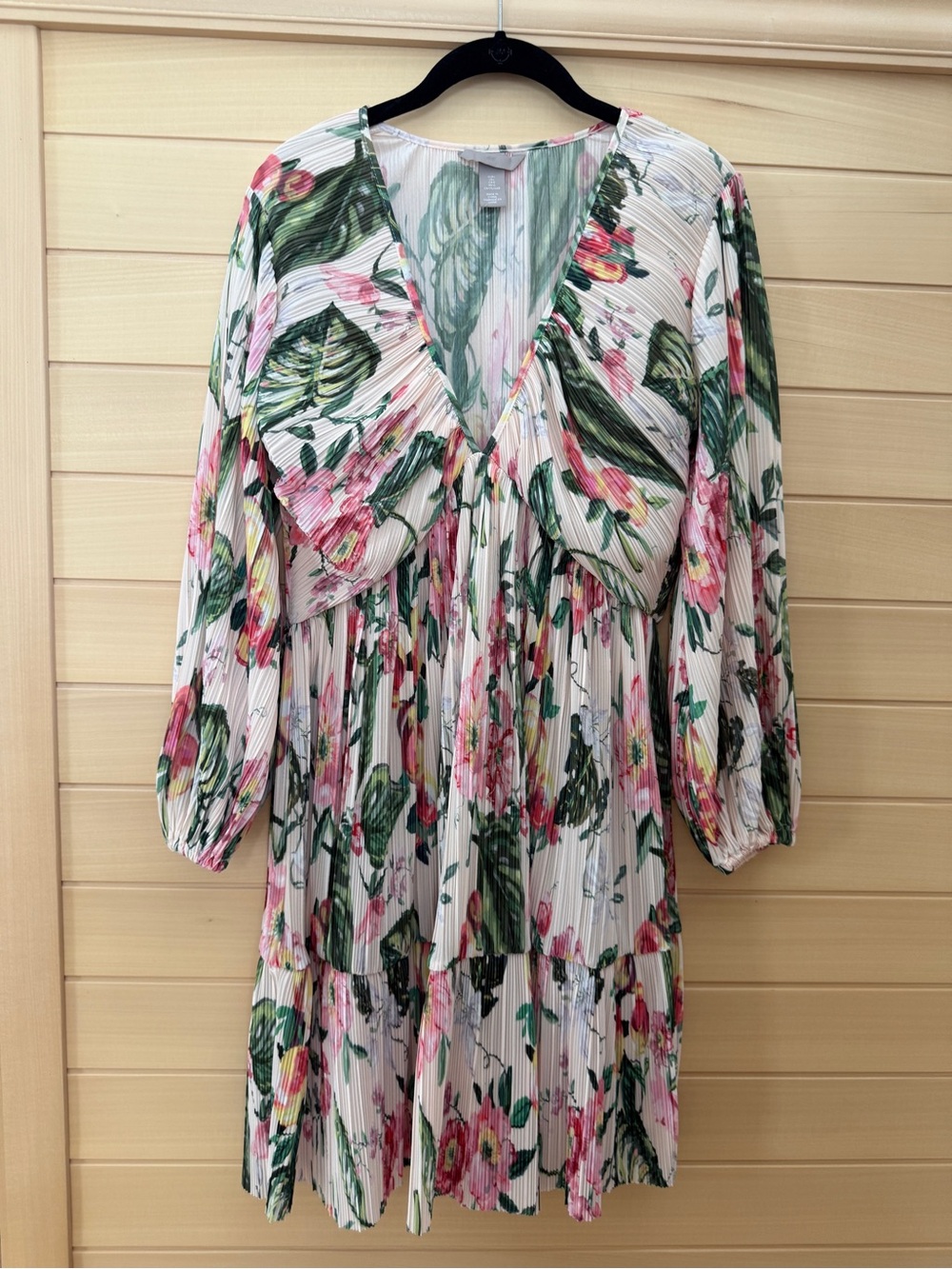 H&M White Floral Pleated V-Neck Dress with Green & Pink Accents